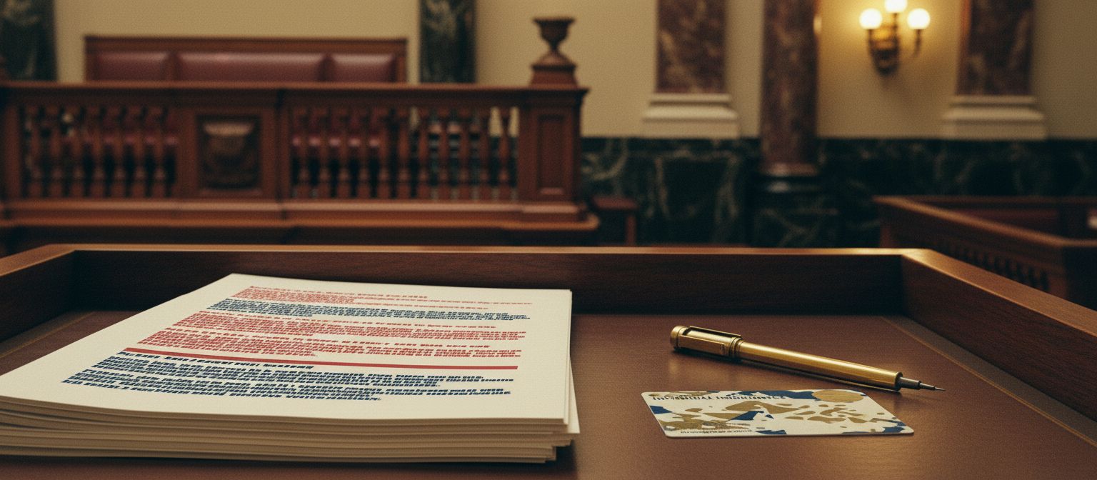 Congressional chamber interior with stacked regulatory documents and an individual health insurance card, documentary editorial style